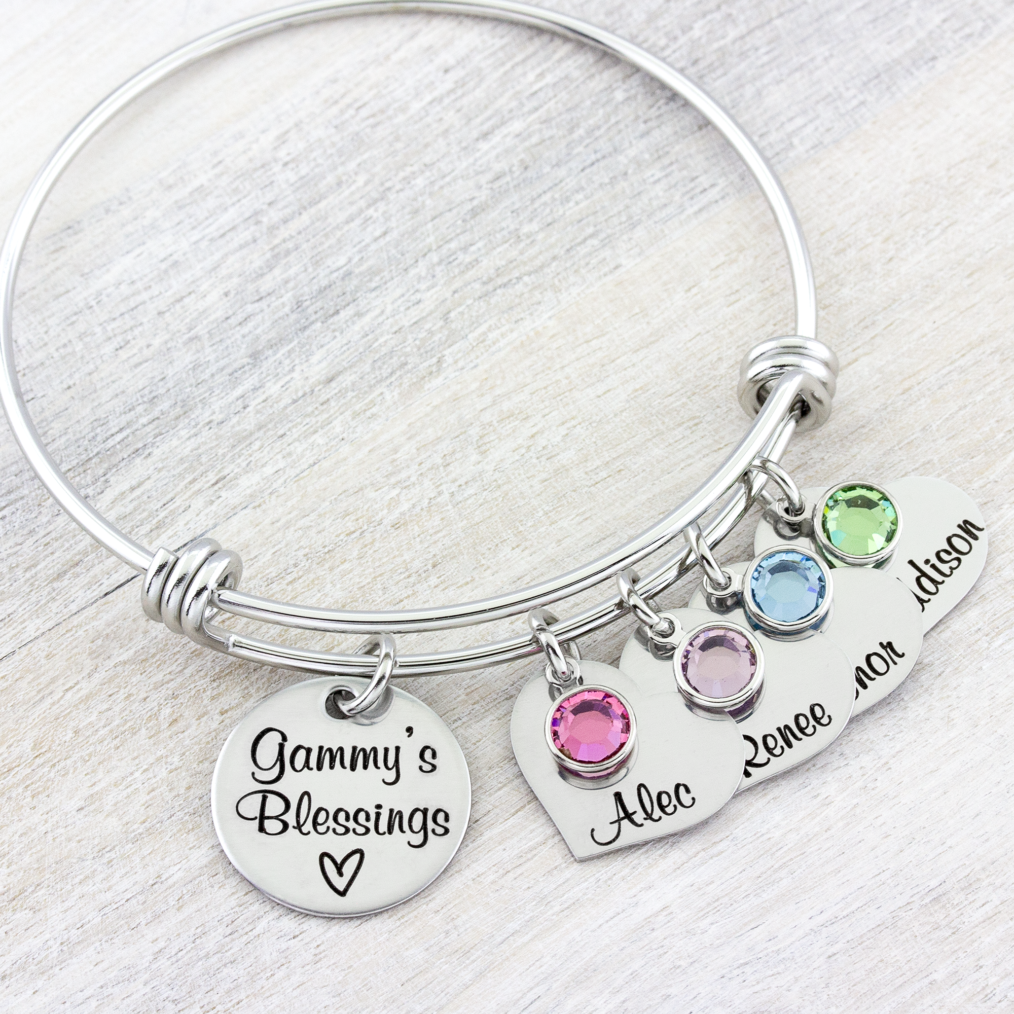 Sterling Silver Mothers Bracelet with Names and Birthstones