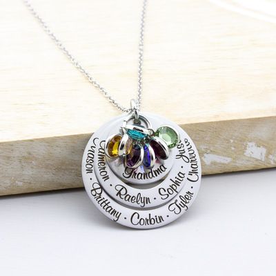 3 Layer Family Name Necklace with Birth Stones