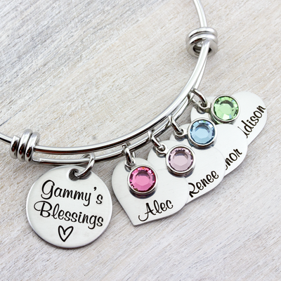 Grandmas Blessing Bangle Bracelet with Kids Names and Birthstones