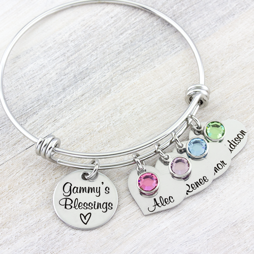 Grandmas Blessing Bangle Bracelet with Kids Names and Birthstones