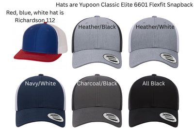 hat color options
red blue white, heather black, heather white, navy white, charcoal white, all black