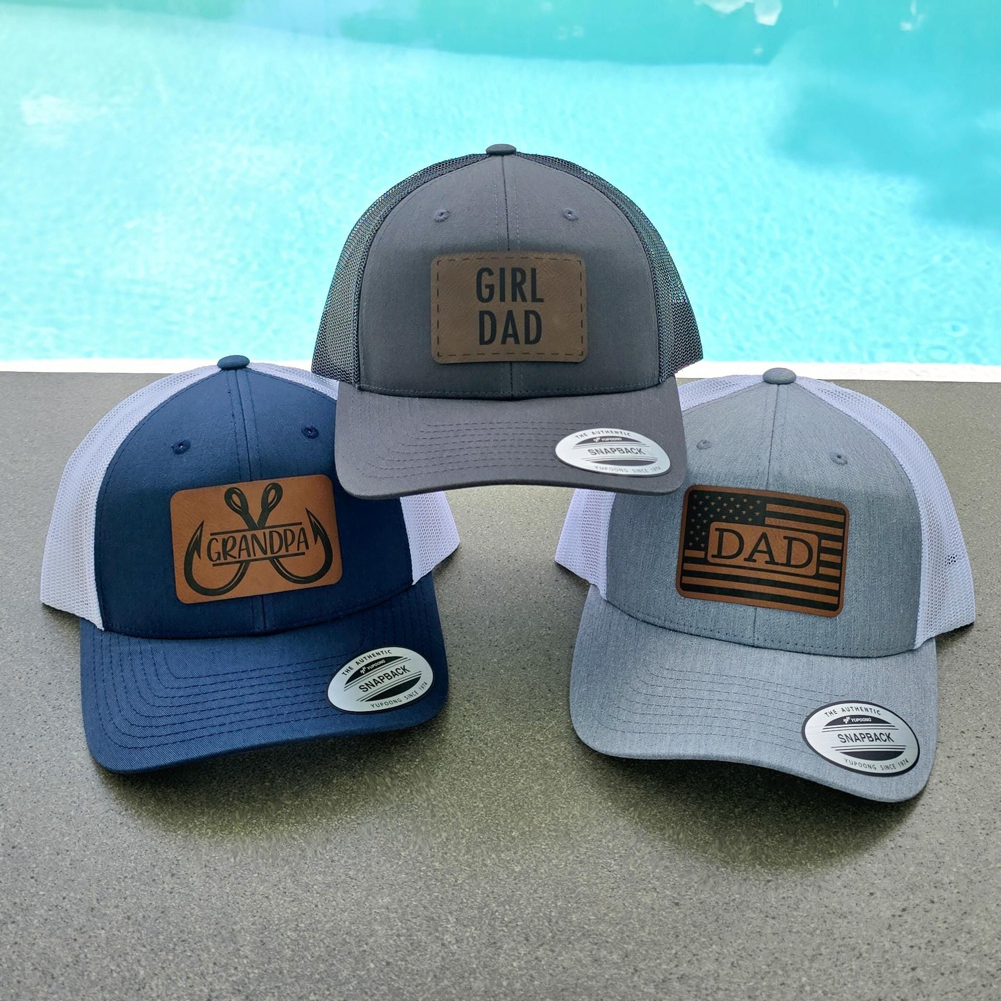 3 hats stacked different designs.