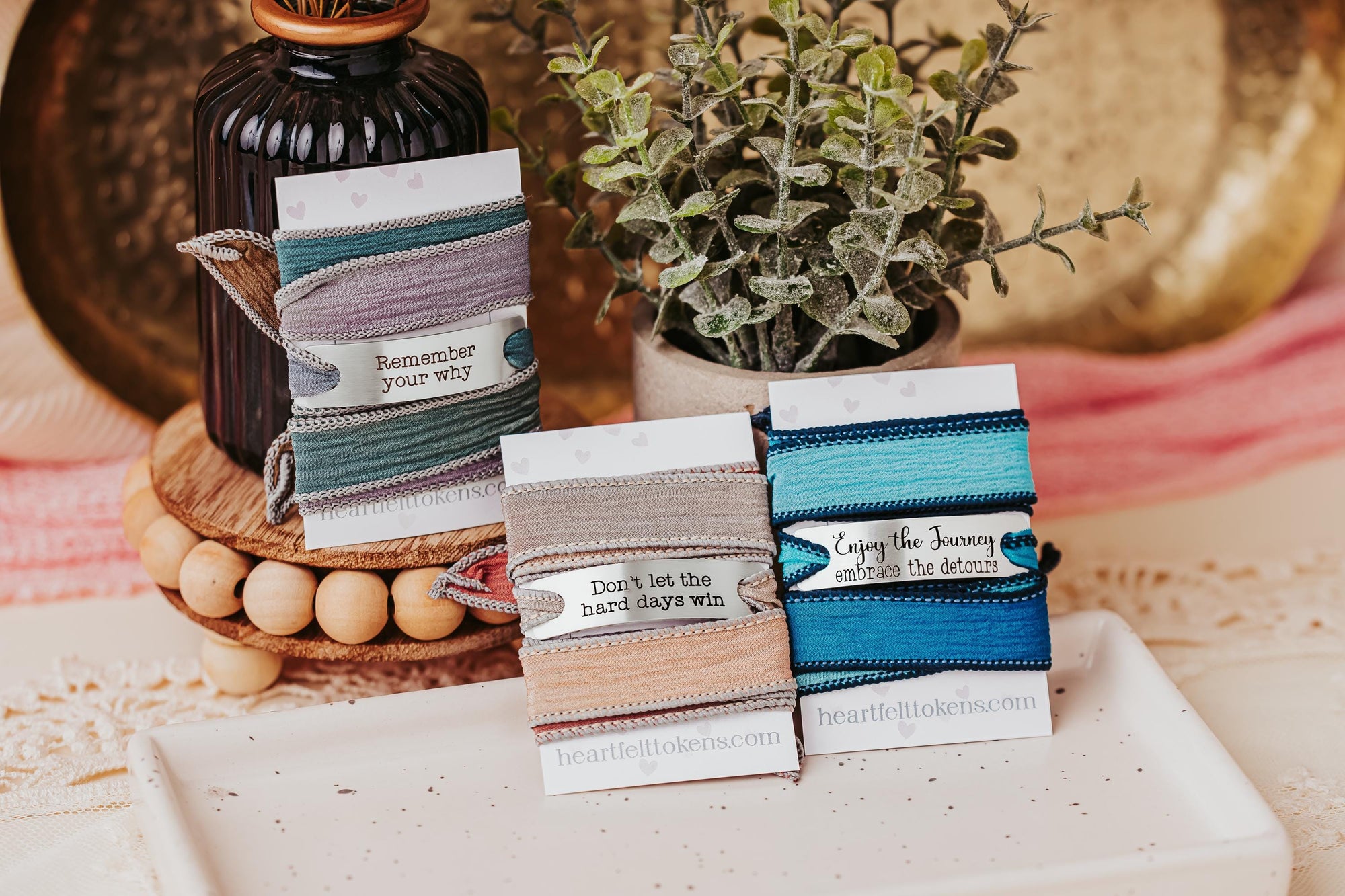 Silk wrap bracelet with stainless steel bar with what you want engraved.