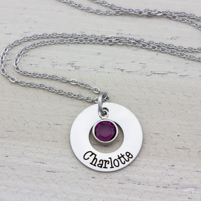 Washer Name Necklace with Birth Stone