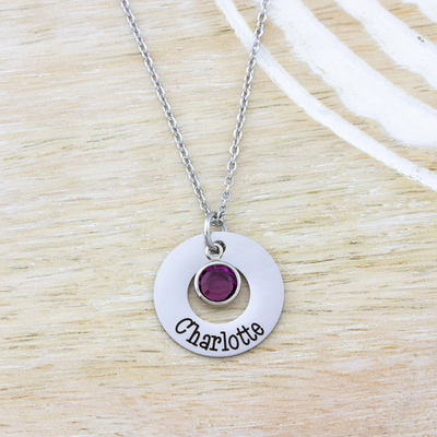 Washer Name Necklace with Birth Stone