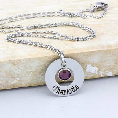 Washer Name Necklace with Birth Stone