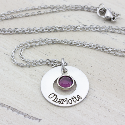 Washer Name Necklace with Birth Stone