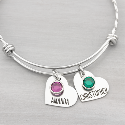 Personalized Heart Bangle Bracelet with Kids Names and Birthstones