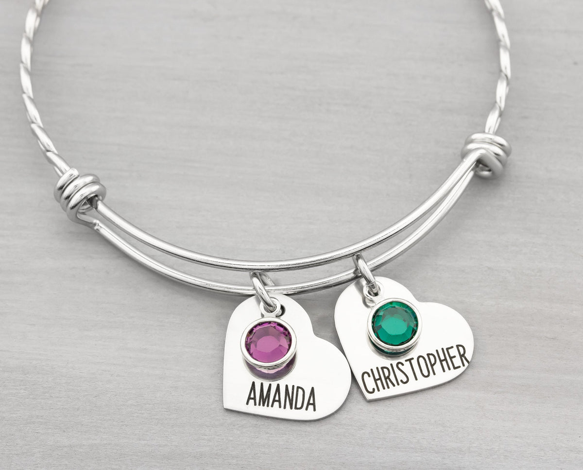 Personalized Heart Charm Bracelet with Kids Names - Grandma Gift Bangle Bracelet for Women - Personalized Jewelry for Mom Christmas Gifts