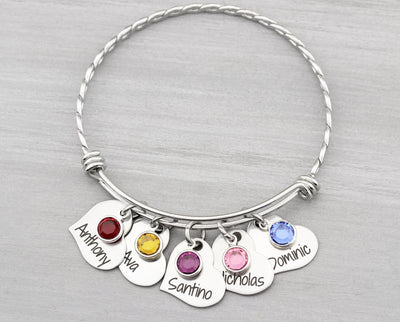 Personalized Heart Charm Bracelet with Kids Names - Grandma Gift Bangle Bracelet for Women - Personalized Jewelry for Mom Christmas Gifts