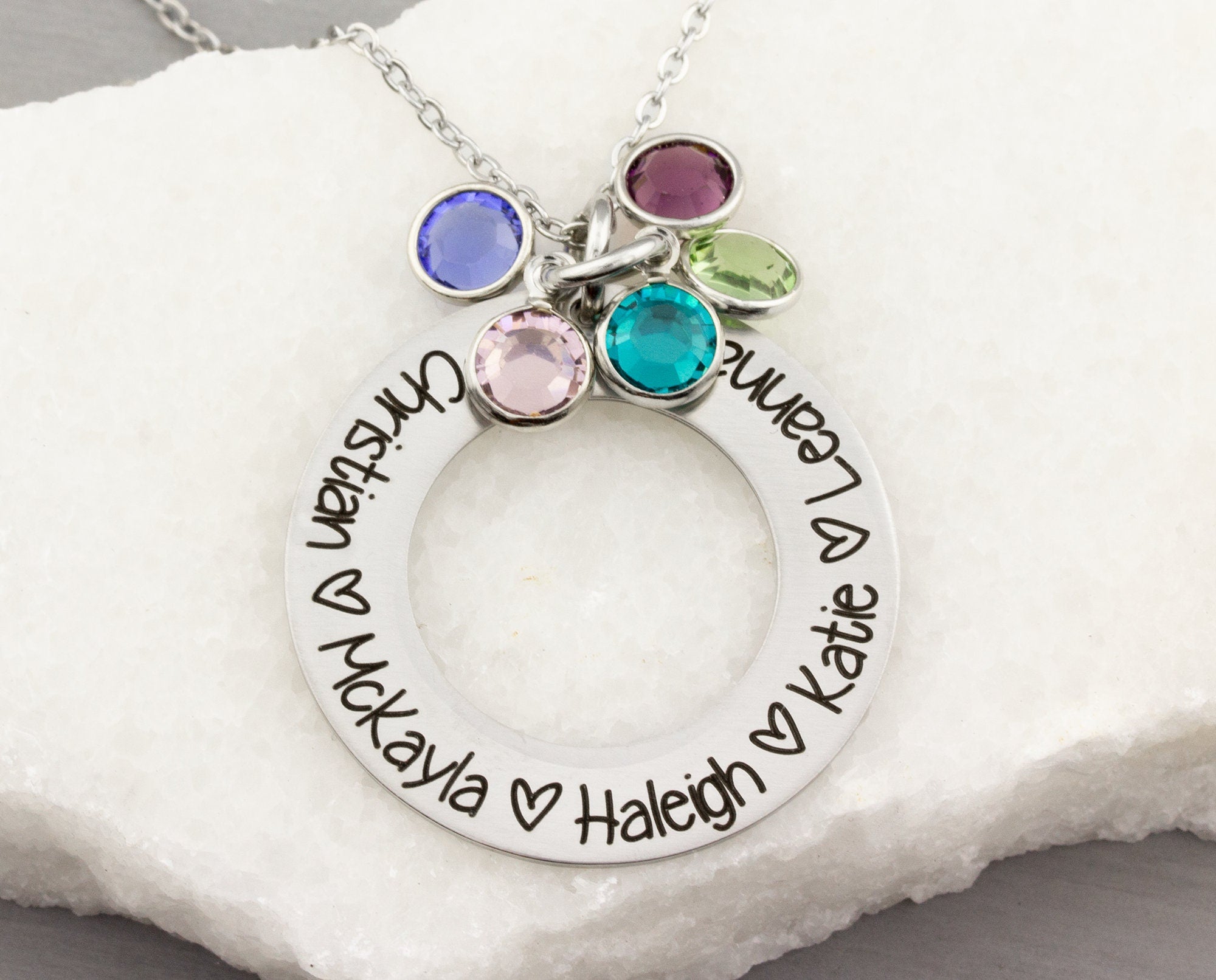 Mother's Heart Birthstone Necklace with Children's Names and Custom Charms
