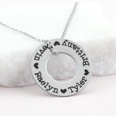 Custom Circle Name Necklace, Mother Necklace with Kids Names, Engraved Washer Necklace, Personalized Mothers Day Gift, Gifts for Mom