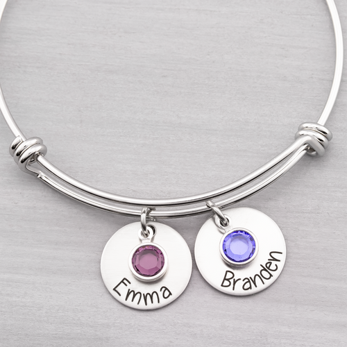 Bangle Bracelet with Custom Names and Birthstones