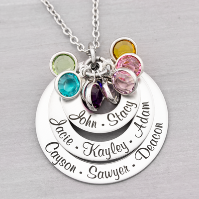 3 Layer Family Name Necklace with Birth Stones